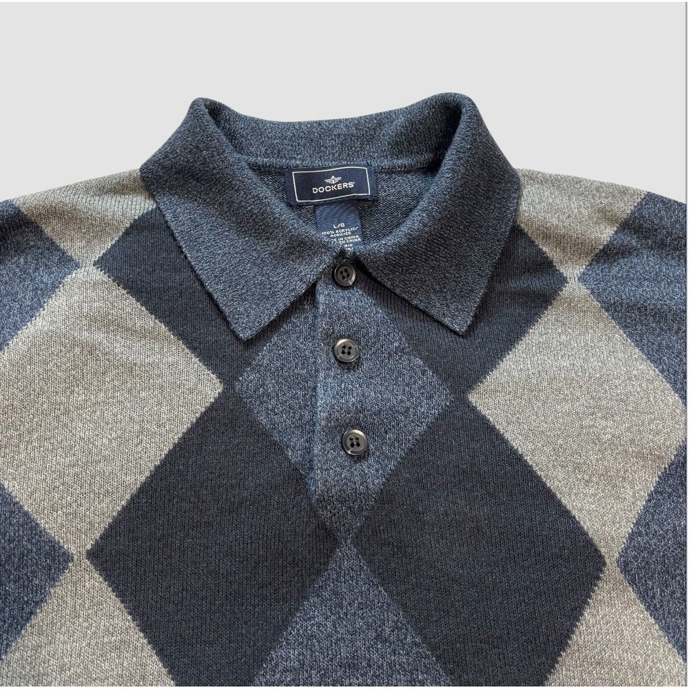 Dockers Men's Large Argyle Diamond Print Polo Sweater Blue Gray Preppy Academia
